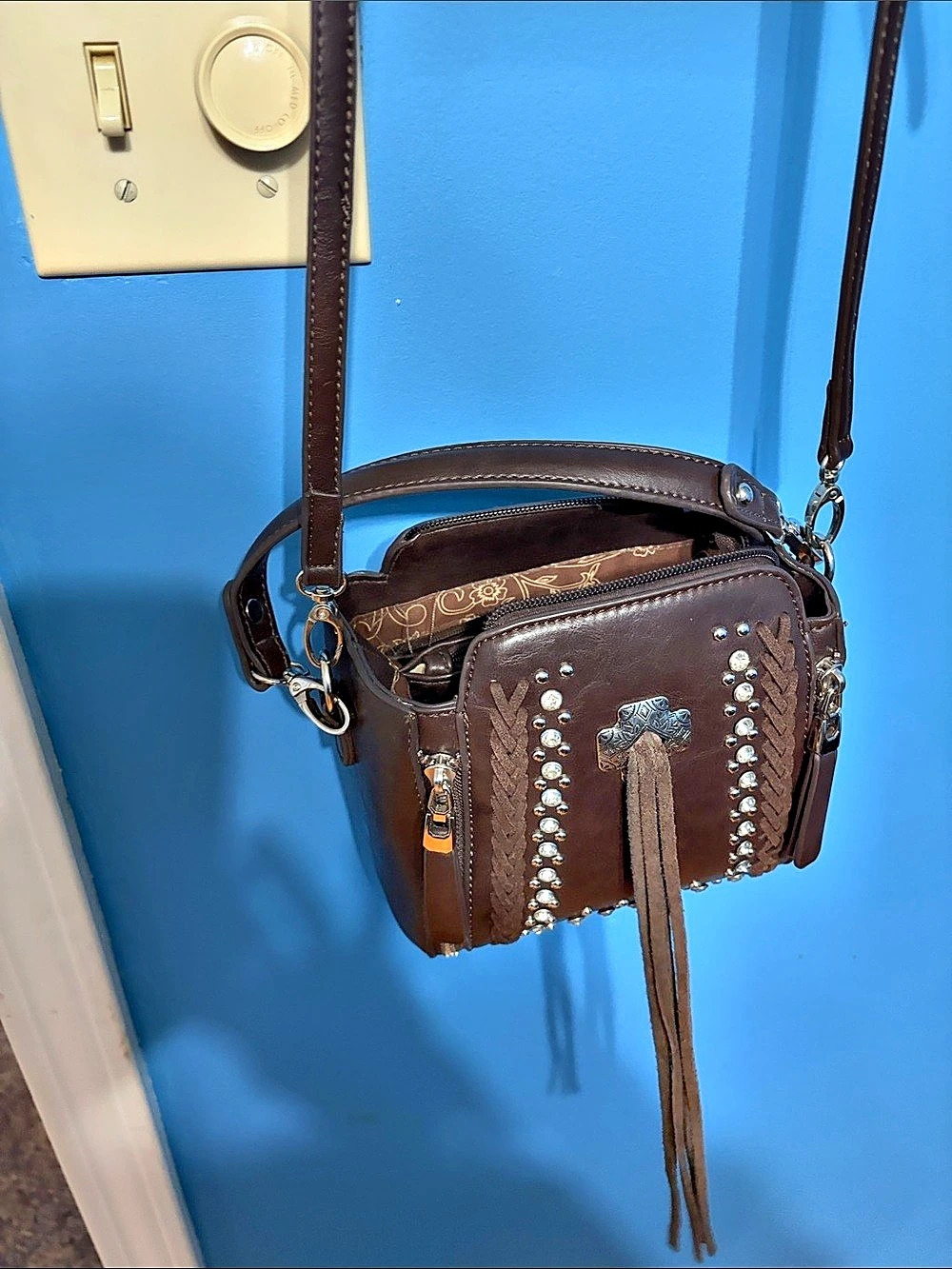 American West Studded Fringe Crossbody Bag in Brown NWT